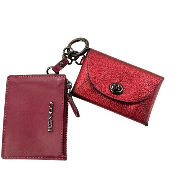 Coach Rare NWOT Dual Card Case Red Metallic Leather Card Case & Key Ring - Picture 1 of 12